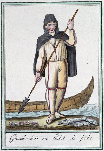 Grenlandczycy w ekwipunku rybackim - w „Encyclopédie des voyages” Grasset Saint Sauveur, wyd. Paryż 1796 autorstwa Jacques Grasset de Saint Sauveur
