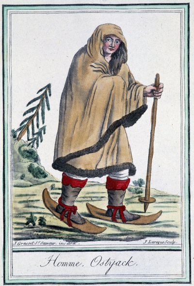 Ostyack na nartach - w „Encyclopédie des voyages” Grasset Saint Sauveur, wyd. Paryż 1796 autorstwa Jacques Grasset de Saint Sauveur