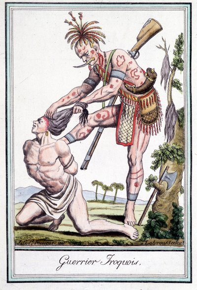 Wojownik Irokezów skalpuje swojego wroga - w „Encyklopedii podróży” Grasset St Sauveur, Paryż autorstwa Jacques Grasset de Saint-Sauveur