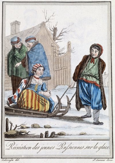 Rekreacja młodych Rosjan na saneczkach (Rosjanie) - w „”Encyklopedii podróży”” Grasset Saint Sauveur, wyd. Paryż 1796 autorstwa Jacques Grasset de Saint Sauveur