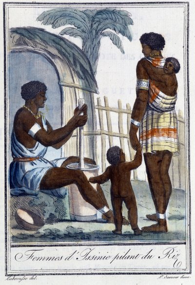 Kobiety z Issinie tłuką ryż - w „Encyklopedii podróży” Grasset St Sauveur, wyd. 1796 autorstwa Jacques Grasset de Saint Sauveur