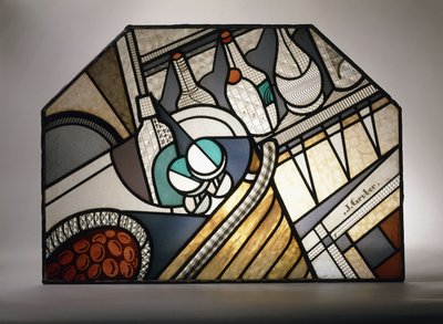 Panel witrażowy Art Deco przedstawiający bar koktajlowy (witraż ołowiowy) autorstwa Jacques Gruber