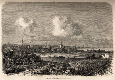 Widok ogólny Kopenhagi, rys. Jacques Guiaud (1810-1876), ilustrujący podróż J.M.Dargauda do Danii (1800-1860), w 1860 r. Rycina w „Le tour du monde” pod redakcją Edouarda Chartona autorstwa Jacques Guiaud