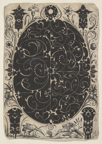 Koperta owalna ozdobiona Schweifwerkiem w dwóch wariantach, otoczona mniejszymi motywami..., ca. 1614-19. autorstwa Jacques Hurtu