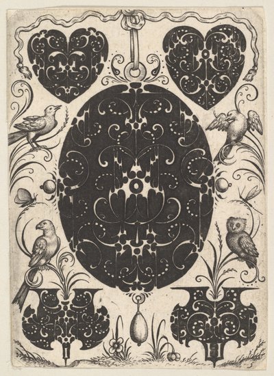 Wisiorek owalny ozdobiony Schweifwerk, otoczony mniejszymi motywami i czterema ptakami, ca. 1614-19. autorstwa Jacques Hurtu