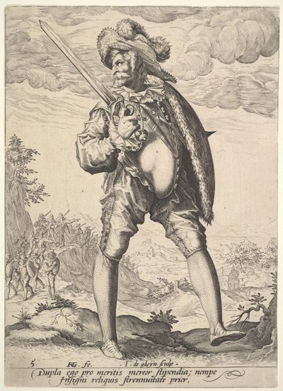 Żołnierz uzbrojony w pałasz i tarczę, z książki Oficerowie i żołnierze, 1587. autorstwa Jacques II de Gheyn