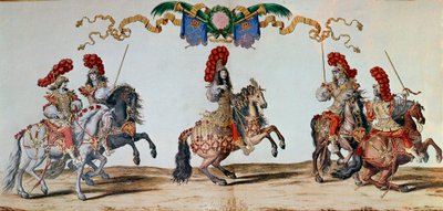 Karuzela 1662: Król Ludwik XIV i rycerze uczestniczący w Karuzeli 1662 w Paryżu (rycina) autorstwa Jacques I Bailly