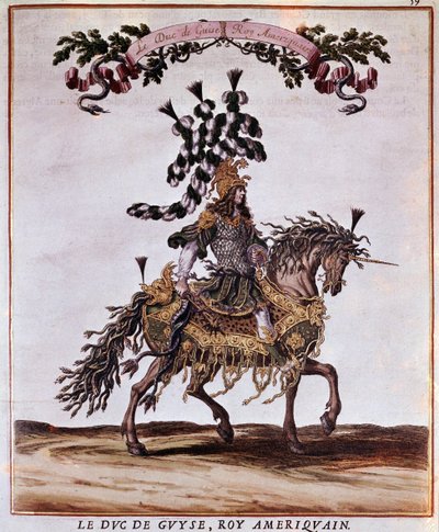 Rękopis karuzeli 1662. Książę Guise w amerykańskim królu, uczestniczący w karuzeli 1662 (święto odbyło się w Paryżu za panowania Ludwika XIV). Ilustracja Jacques