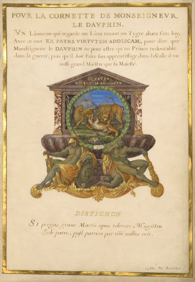 Ms. 11 (4) f.5, Godło Ludwika XIV, c.1663-68 (gwasz i złoto na pergaminie) autorstwa Jacques I Bailly