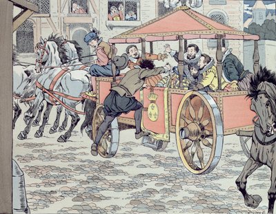 Zabójstwo Henryka IV przez Francois Ravaillaca na rue de la Ferronerie 14 maja 1610, ok. 1900 autorstwa Jacques Marie Gaston Onfray de Breville (Job)