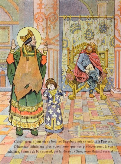 Król Dagobert I (ok. 603-39) zakładający spodnie na odwrót, ilustracja z "France, Son Histoire" G. Montorgueil, ok. 1910 r. autorstwa Jacques Marie Gaston Onfray de Breville (Job)
