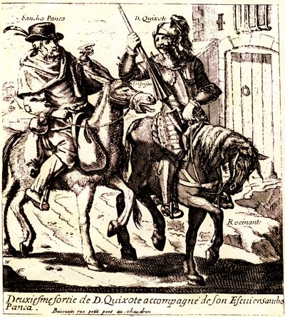 Don Kichot na Rossinante w towarzystwie Sancho Panca na ośle Grisonie, ok. 1640 r. (ilustracja) autorstwa Jacques Lagniet