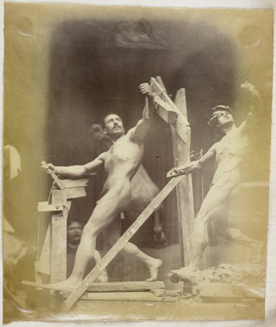 Studium nagiego modela męskiego na rusztowaniu, widzianego z boku i obok gipsowego modela w tej samej pozie, w pracowni Jacques de Lalaing autorstwa Jacques Lalaing (attributed to)
