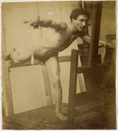 Studium męskiego nagiego modela, pochylonego do przodu z prawą nogą do tyłu, w studio Jacques de Lalaing autorstwa Jacques Lalaing (attributed to)
