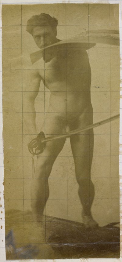 Studium męskiego nagiego modela, stojącego z mieczem i tarczą w dłoniach, w pracowni Jacques de Lalaing autorstwa Jacques Lalaing (attributed to)