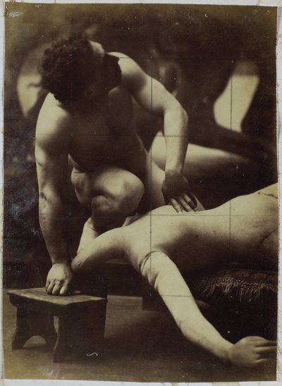 Studium nagiego modela męskiego siłującego się z manekinem w pracowni Jacquesa de Lalaing autorstwa Jacques Lalaing (attributed to)