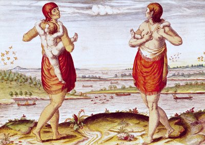 Jak kobiety z Dasamonquepeuc niosą swoje dzieci, z „Admiranda Narratio…”, ryty przez Theodore de Bry (1528-88) 1585-88 autorstwa Jacques Le Moyne