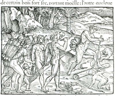 Tubylcy indiańscy rozpalający ogień po polowaniu, rycina Theodora de Bry (1525-75) autorstwa Jacques Le Moyne