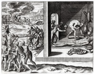 Indyjskie obrzędy pogrzebowe, z „Americae”, napisane i ryte przez Theodora de Bry (1525-75), 1602 autorstwa Jacques Le Moyne