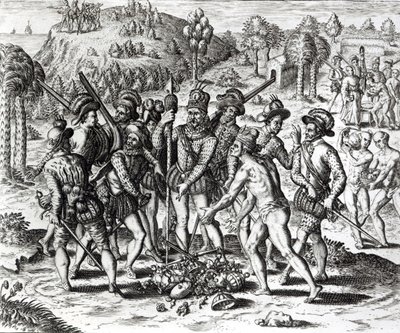 Hiszpanie otrzymujący prezenty od Indian, z „Historii”, 1598, sztychowany przez Theodora de Bry (1528-98) autorstwa Jacques Le Moyne