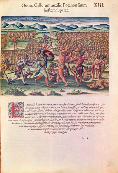 Francuzi pomagają Indianom w bitwie, z "Brevis Narratio...", rycina Theodore