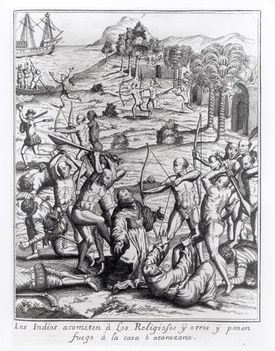 Indianie atakujący księży i innych i podpalający ich domy, rycina z „Americae”, napisana i rytowana przez Theodora de Bry (1528-98) autorstwa Jacques Le Moyne
