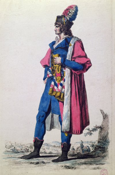 Kostium przedstawiciela narodu francuskiego z 1793 r., z „Nowej kolekcji strojów wojskowych z Francji i innych krajów, dawnych i współczesnych”, Paryż autorstwa Jacques Louis (after) David