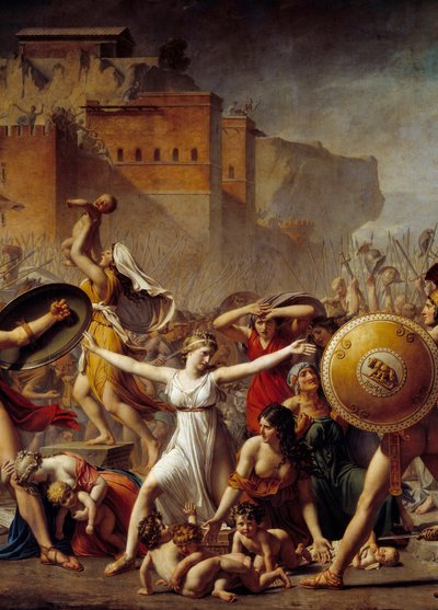 Szczegół: „”The Sabines””” wstawiający się między ich rzymskimi mężami (po prawej) i ich braćmi Sabinami (po lewej) pokazując im ich dzieci - Obraz Jacques-Louis (Jacques Louis) David (1748-1825) autorstwa Jacques Louis David