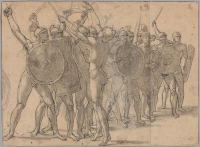 Nadzy żołnierze gestykulujący bronią (recto); Dwa studia draperii dla postaci Tatius (verso) autorstwa Jacques Louis David