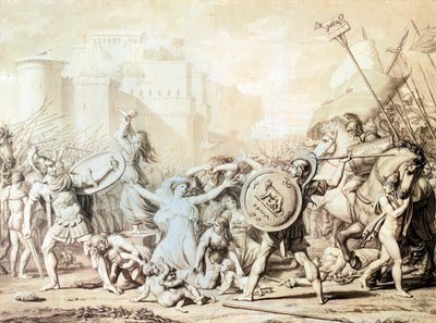 Study for Rape of Sabine Women (rysunek piórem, tuszem, akwarelą i ołówkiem) autorstwa Jacques Louis David