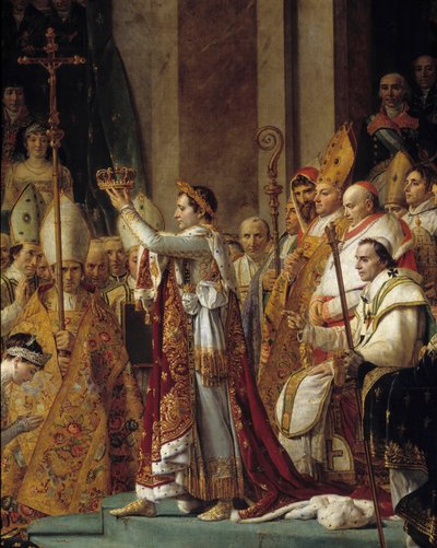 Obrzęd Napoleona. Szczegół przedstawiający Napoleona noszącego koronę podczas Sacre cesarza Napoleona I Bonaparte i koronacji Imperatrice Josephine w Notre-Dame de Paris 2 grudnia autorstwa Jacques Louis David