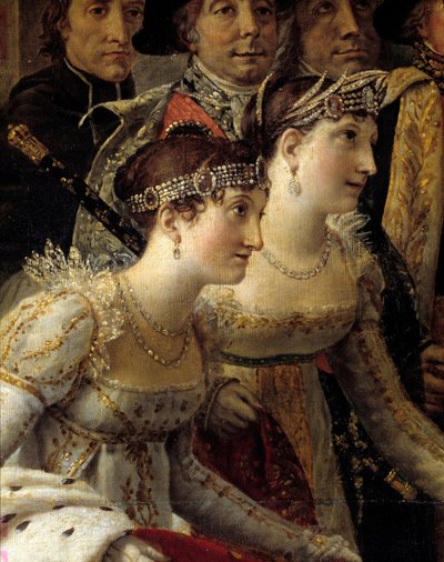 Obrzęd Napoleona. Detal przedstawiający Madame de la Rochefoucault i Madame Lavalette podczas sacrum cesarza Napoleona I Bonaparte i koronacji Imperatrice Josephine w Notre-Dame de Paris 2 grudnia autorstwa Jacques Louis David