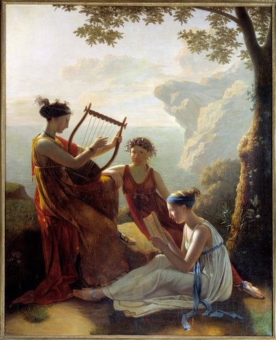 Grecka poetka Sapho (Sappho) grająca na lirze i jej dwaj towarzysze Malarstwo Jacques Louis Grandin (1780-?) 1808 Paryż, Musee Marmottan autorstwa Jacques Louis Michel Grandin