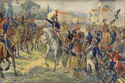 Napoleon Bonaparte po przybyciu do okupowanego miasta Nicei autorstwa Jacques Marie Gaston Onfray de Breville (Job)
