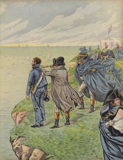 Napoleon Bonaparte badający swoją flotę, gdy wyruszają z Boulogne autorstwa Jacques Marie Gaston Onfray de Breville (Job)