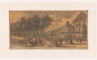 Gezicht op een laan bij de Cour de la Fontaine van kasteel Fontainebleau Widok skrzydła Château Fontainebleau, zaczerpnięty z Cour des Fontaines (tytuł na obiekcie) autorstwa Jacques Rigaud