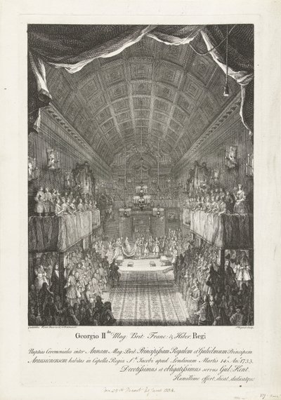 Huwelijk van Willem IV spotkał księżniczkę Annę, 1734 George II Mag: Brytyjczyk: Franc: & Hiber. Ślub królewski między Anną (...) i Wilhelmem (...) wtorek 14: Ano: 1733 (...) (tytuł na obiekcie) autorstwa Jacques Rigaud