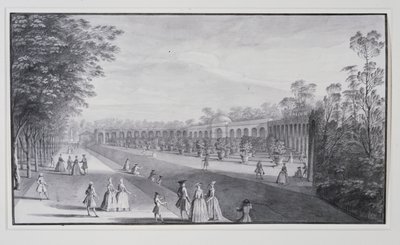 Oranżeria i ha-ha, Willa Lorda Burlingtona (pióro i atrament z praniem na papierze) autorstwa Jacques Rigaud