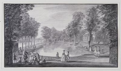 Basen nad rzeką, willa Chiswick Lorda Burlingtona (pióro i atrament z praniem na papierze) autorstwa Jacques Rigaud