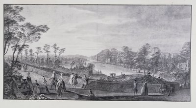 Sztuczna rzeka, willa Chiswick Lorda Burlingtona (pióro i atrament z praniem na papierze) autorstwa Jacques Rigaud