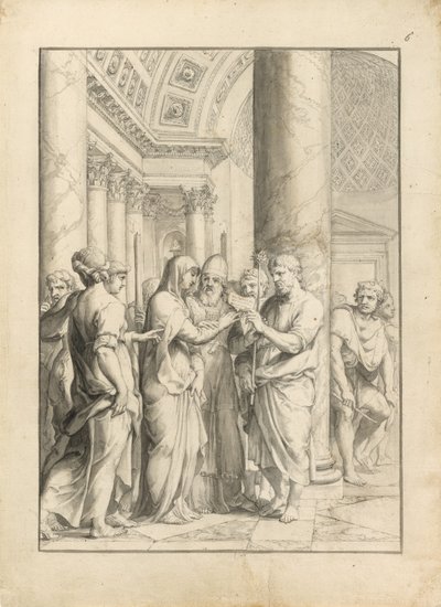 Małżeństwo Dziewicy, ok. 1640 (pióro i czarny tusz, z pędzelkiem i szarym i jasnobrązowym washem i grafitem, na kawałkach kremowego papieru kładzionego) autorstwa Jacques Stella