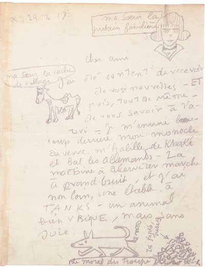 List z autografem z rysunkami autorstwa Jacques Vache