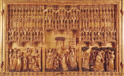 Ołtarz Świętych i Męczenników, panel środkowy Ścięcie św. Jana Chrzciciela, Męczeństwo św. Katarzyny Aleksandryjskiej i św. Barbary i Kuszenie św. autorstwa Jacques de Baerze or Baers
