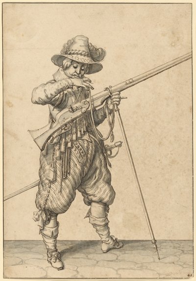 Żołnierz na warcie dmuchający w zapałkę autorstwa Jacques de Gheyn II