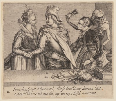 Młody mężczyzna między młodą kobietą a starą kobietą, od Nierówni kochankowie autorstwa Jacques de Gheyn II