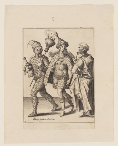 Stary mummer zwracający się do pary ubranej w liście i ptasie pióra, z filmu Maskarady autorstwa Jacques de Gheyn II