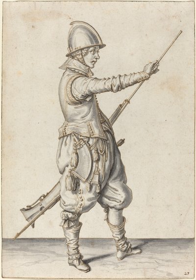 Elegancko ubrany żołnierz podbijający jego Caliver autorstwa Jacques de Gheyn II