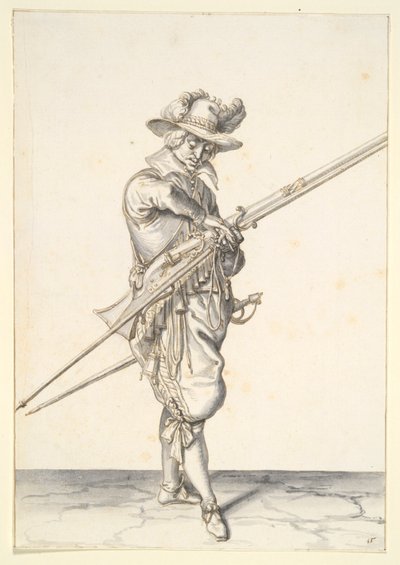 Żołnierz przygotowujący się do strzału z muszkietu autorstwa Jacques de Gheyn II