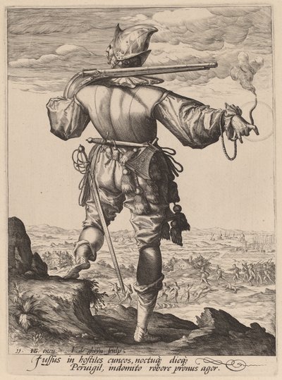 Muszkieter w hełmie autorstwa Jacques de Gheyn II after Hendrik Goltzius