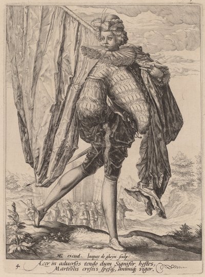 Żołnierz uzbrojony w pałasz i tarczę autorstwa Jacques de Gheyn II after Hendrik Goltzius